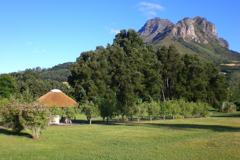 Small lapa  alongside some neat rows of small trees, mountains stand majestically in the background,  one of many beautiful Cape Town campsites