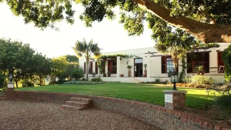 A stylish building with large windows, green grass in front of the building and a gravel courtyard in front of the grass, just an example of the style that can be found at this Paarl accommodation
