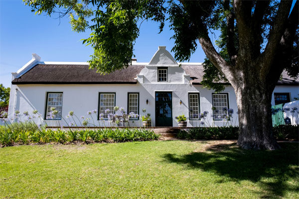 This Paarl accommodation also has historic cape dutch architecture seen in this building, there is grass and a tree in front of the building