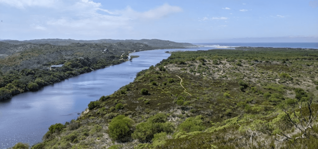 An estuary in the Goukamma Nature Reserve flowing towards the ocean, just one example of the stunning scenery you can see when backpacking Garden Route