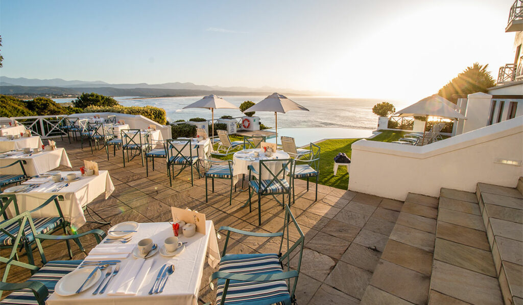 The terrace restaurant at the Plettenberg hotel, serves as an example of the beautiful coastal views offered by some Western Cape hotels