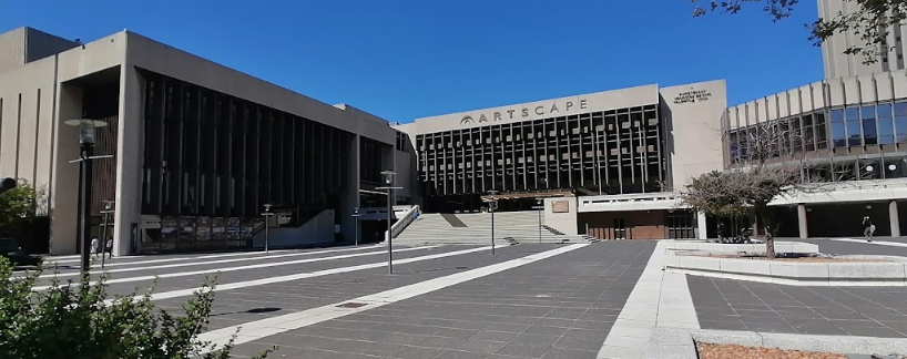 The exterior of this theatre in Cape Town, with Artscape written at the top of the building above the entrance